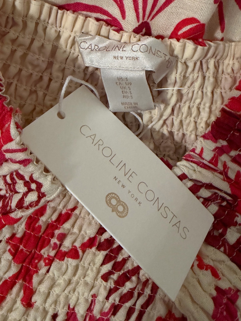 Caroline Constas Linen Scalloped Tropical Top & Midi Skirt Set Red Cream NWT - Picture 10 of 11